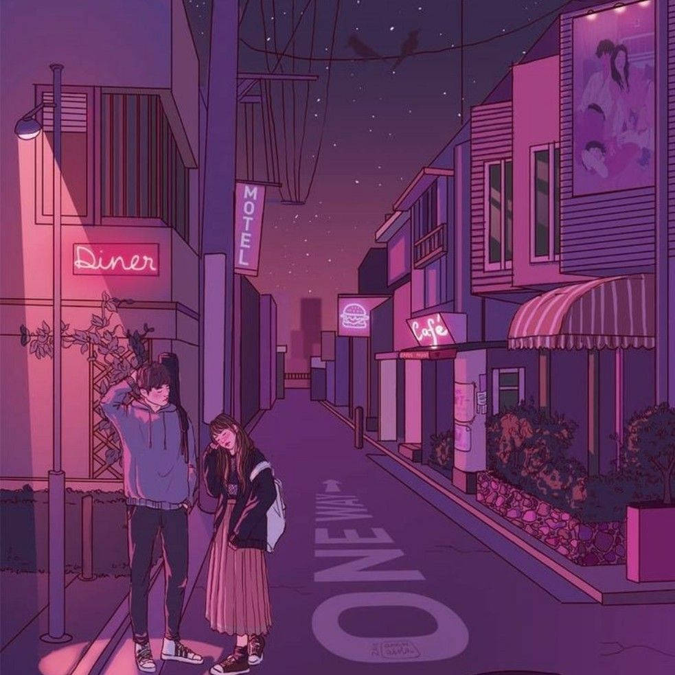 neon-drenched street, starry sky, glowing signs, SD Desktop Wallpaper