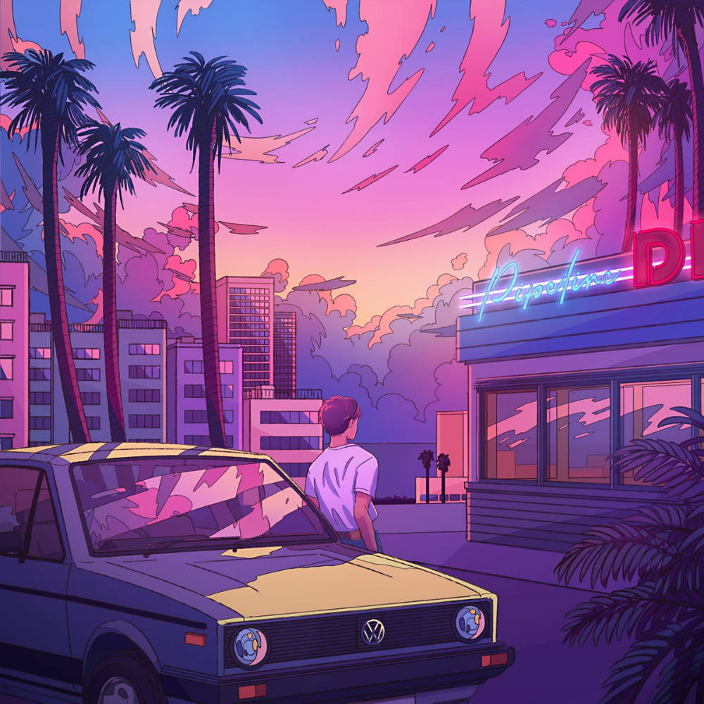 vintage car, surreal pink and purple sunset sky, palm trees, SD Desktop Wallpaper