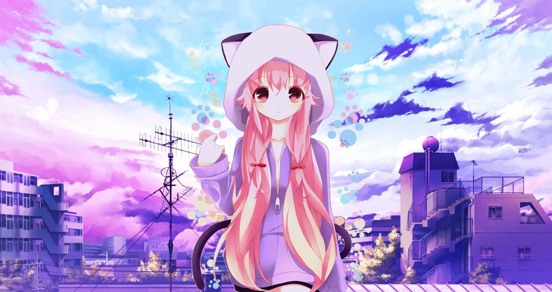 pink-haired anime girl, cat-eared hoodie, dreamy purple and blue city skyline, Full HD Desktop Wallpaper
