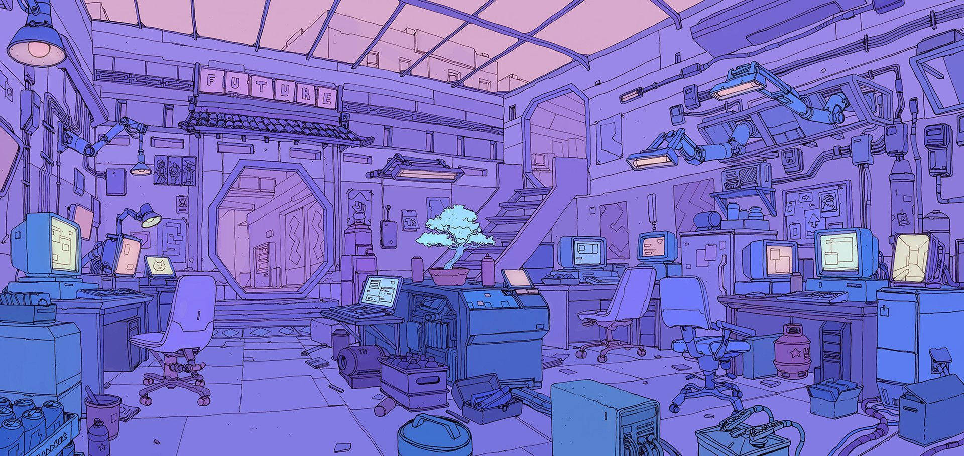 Purple Aesthetic Anime, retro-futuristic tech lab, glowing monitors, Full HD Desktop Wallpaper