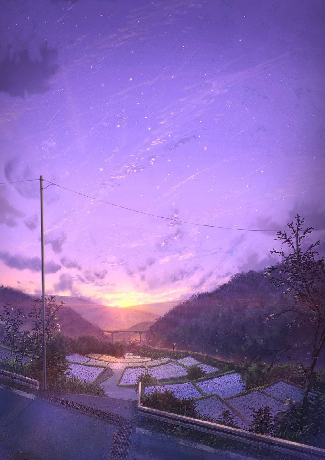 twilight landscape, purple skies, starry clouds, HD Phone Wallpaper