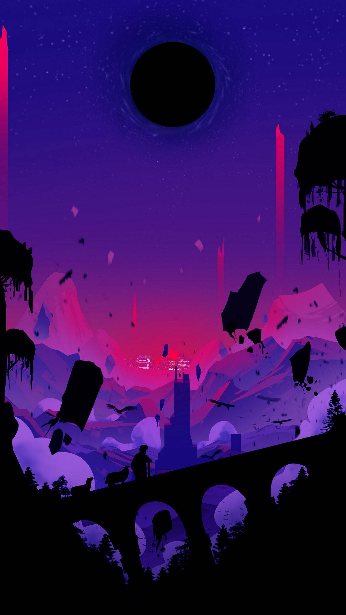 dark purple anime aesthetic, black hole, surreal purple and pink mountainous landscape, 2K Phone Wallpaper