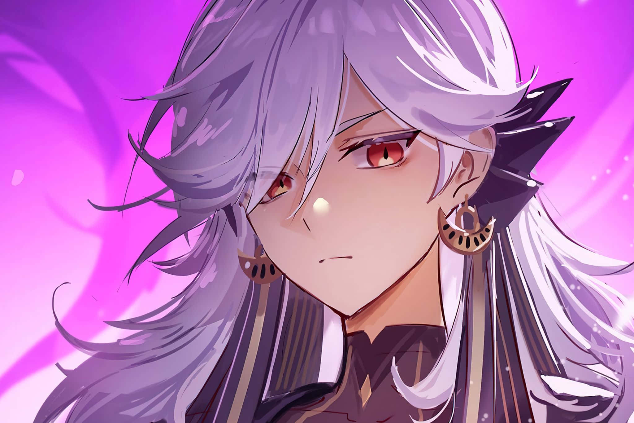silver haired anime character, red eyes, glowing purple background, Full HD Desktop Wallpaper