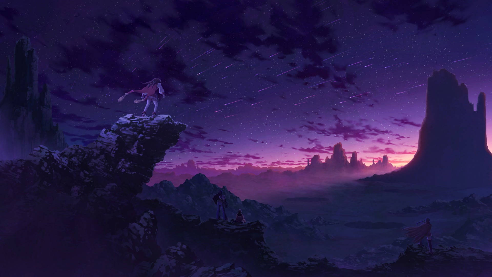 Dark Purple Anime Aesthetic, starry purple sky, jagged cliff, Full HD Desktop Wallpaper