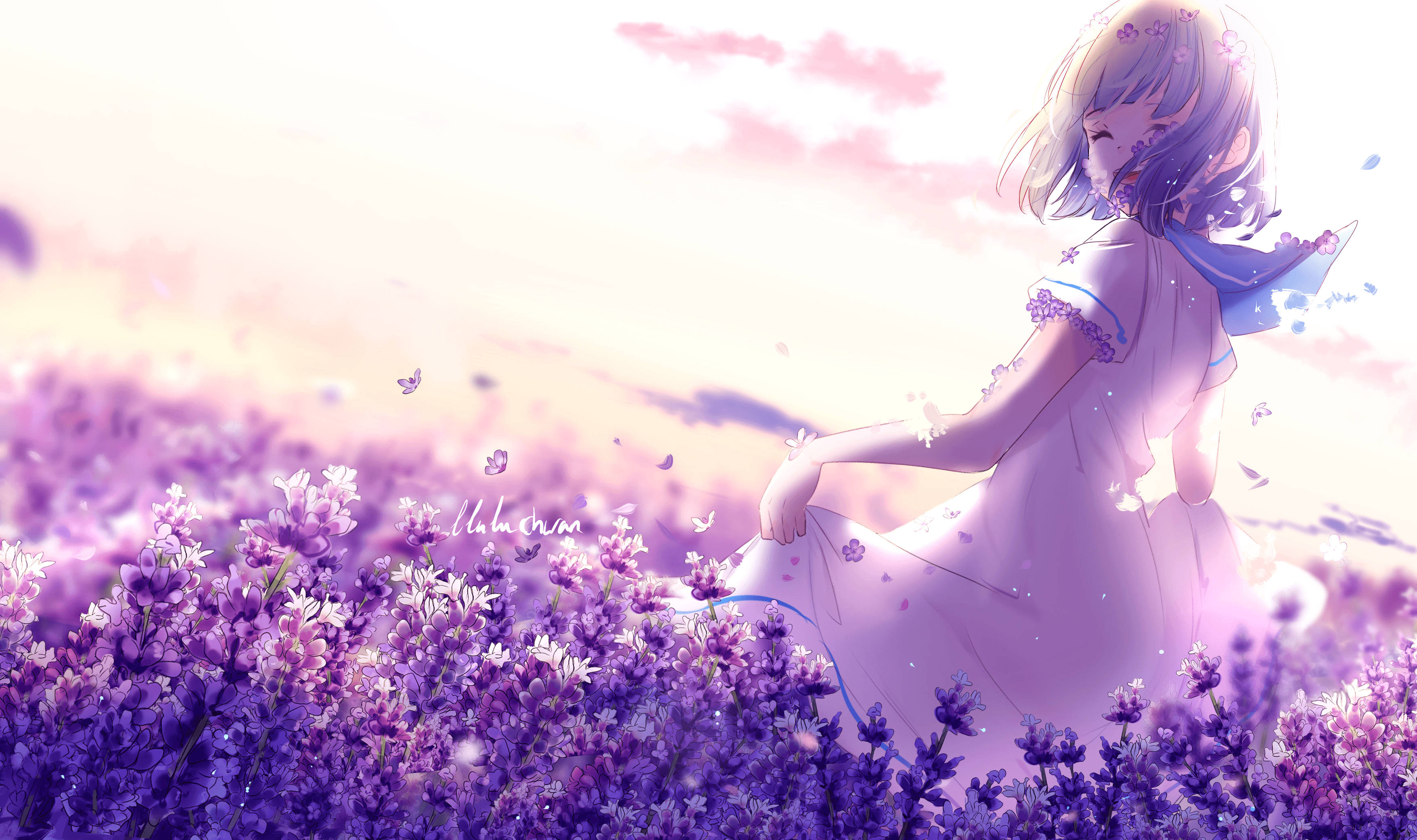 young anime girl, white dress, field of purple lavender, 2K Desktop Wallpaper