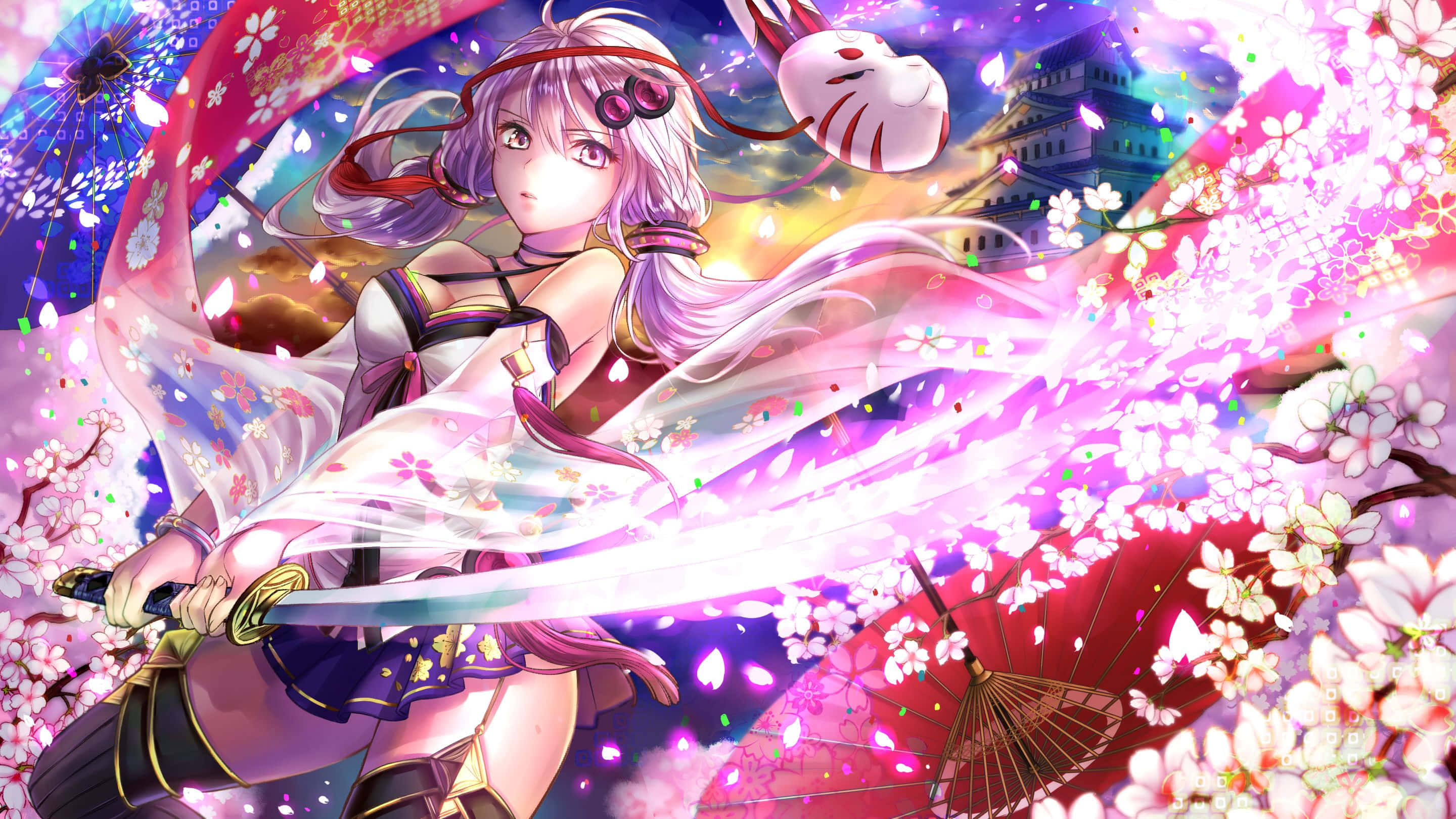 purple hair, glowing sword, falling cherry blossoms, 2K Desktop Wallpaper