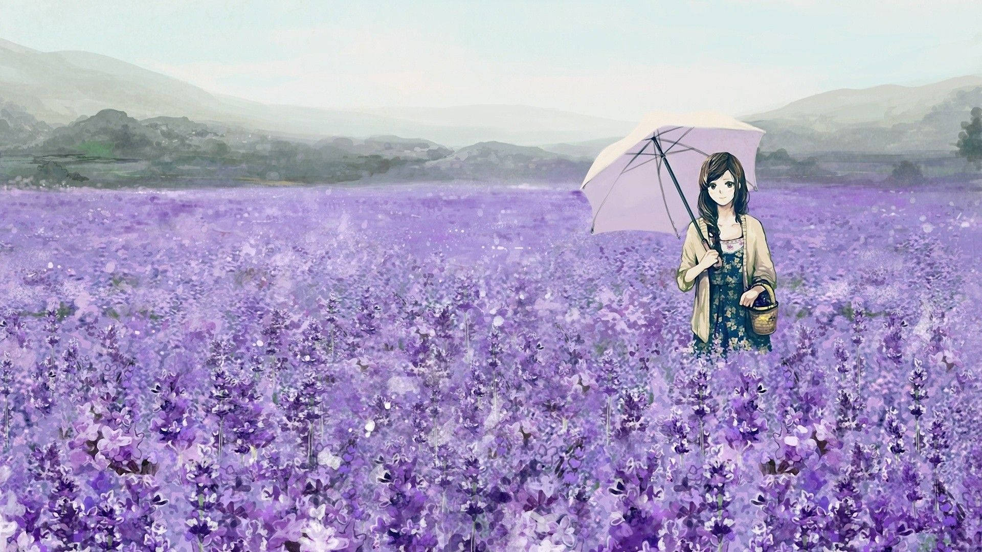 cute girl, purple flowers, soft sky, Full HD Desktop Wallpaper