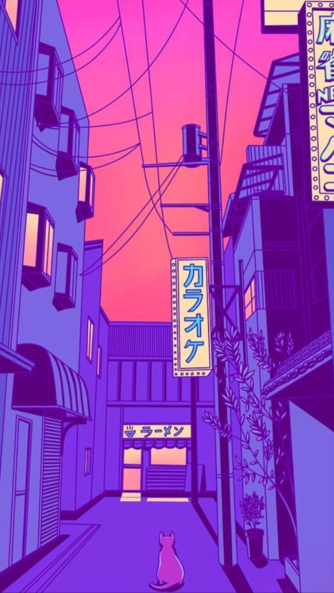 anime alley, dusk, cat, Full HD Phone Wallpaper