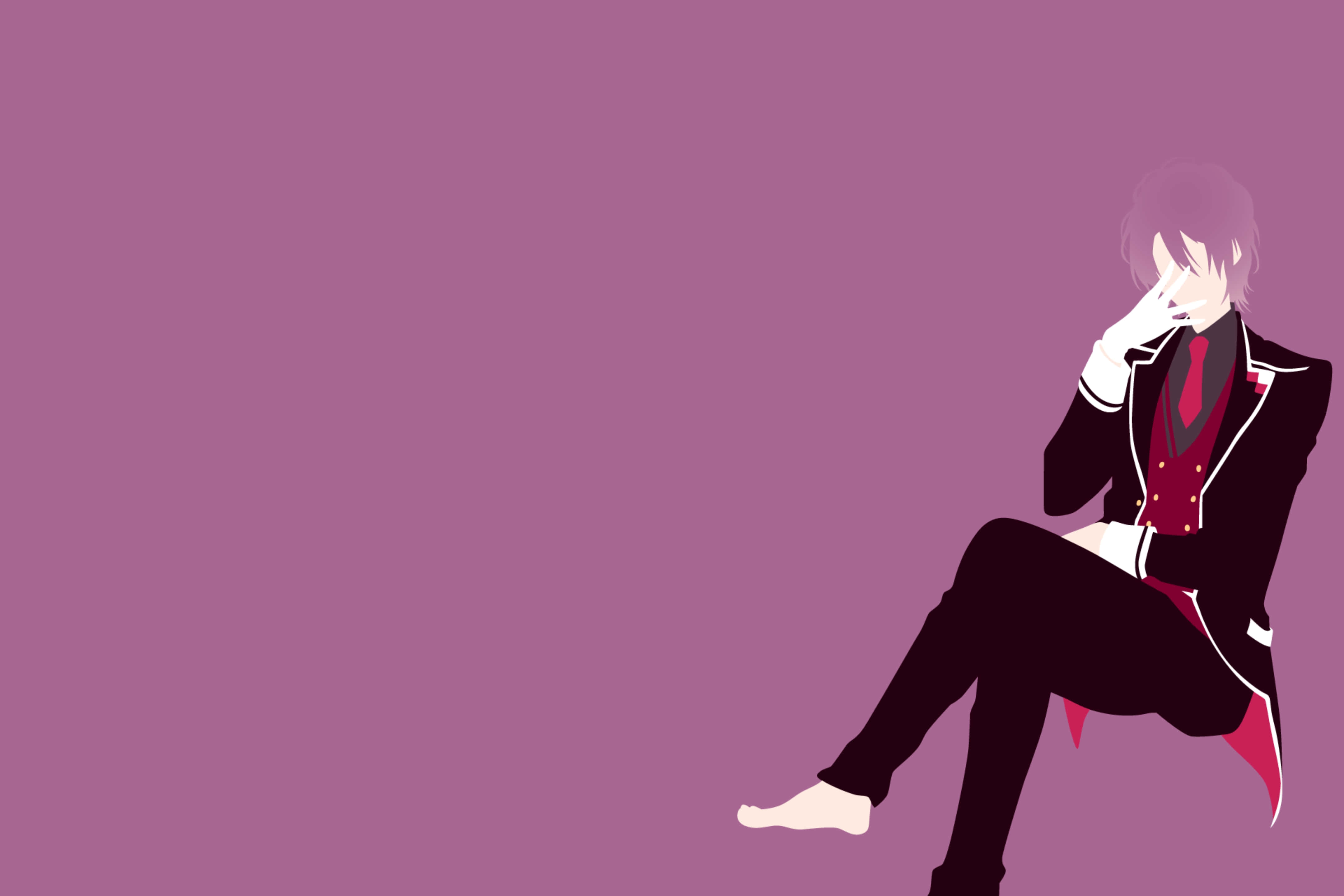 elegant anime character, black suit with red accents, mauve background, 4K Desktop Wallpaper