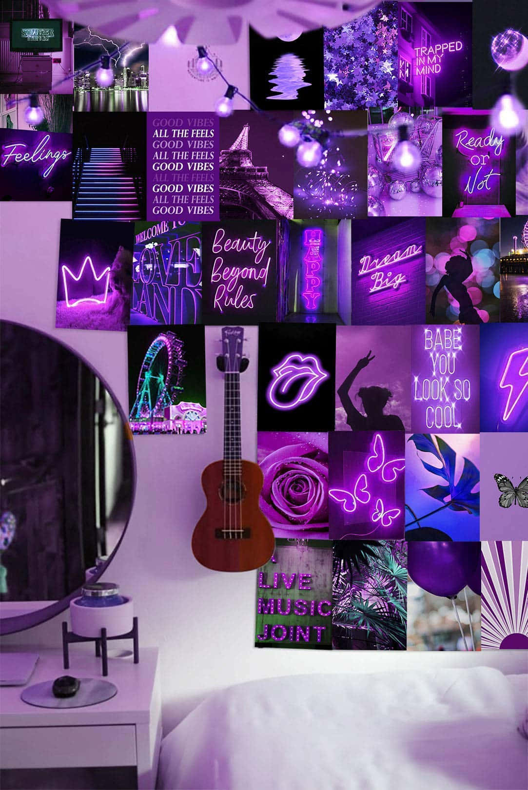 purple aesthetic collage, neon collage wall, quotes, HD Phone Wallpaper
