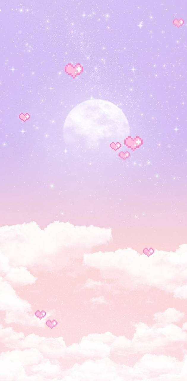 pastel sky, full moon, pixel hearts, HD Phone Wallpaper