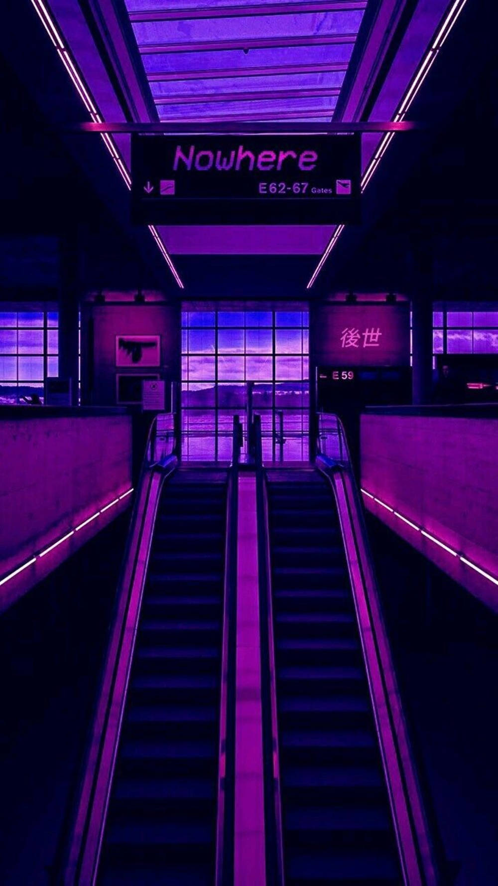 neon purple light, escalators, sign reading 'Nowhere', HD Phone Wallpaper