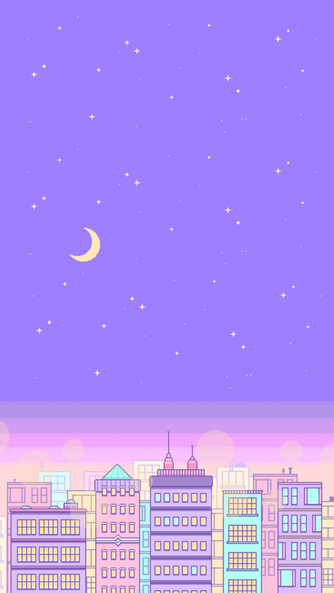 kawaii purple sky, pastel-colored city skyline, starry purple night sky, Full HD Phone Wallpaper