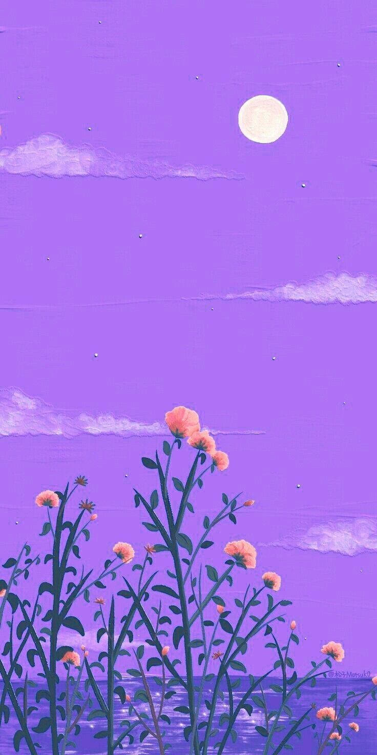 Pink flowers, full moon, dreamy purple night sky, HD Phone Wallpaper