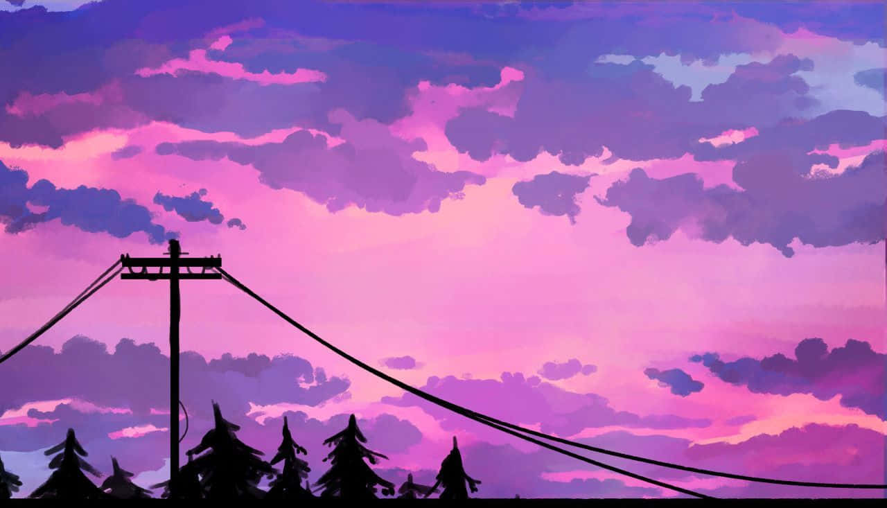 Purple Aesthetic Laptop, silhouette, utility pole, HD Desktop Wallpaper