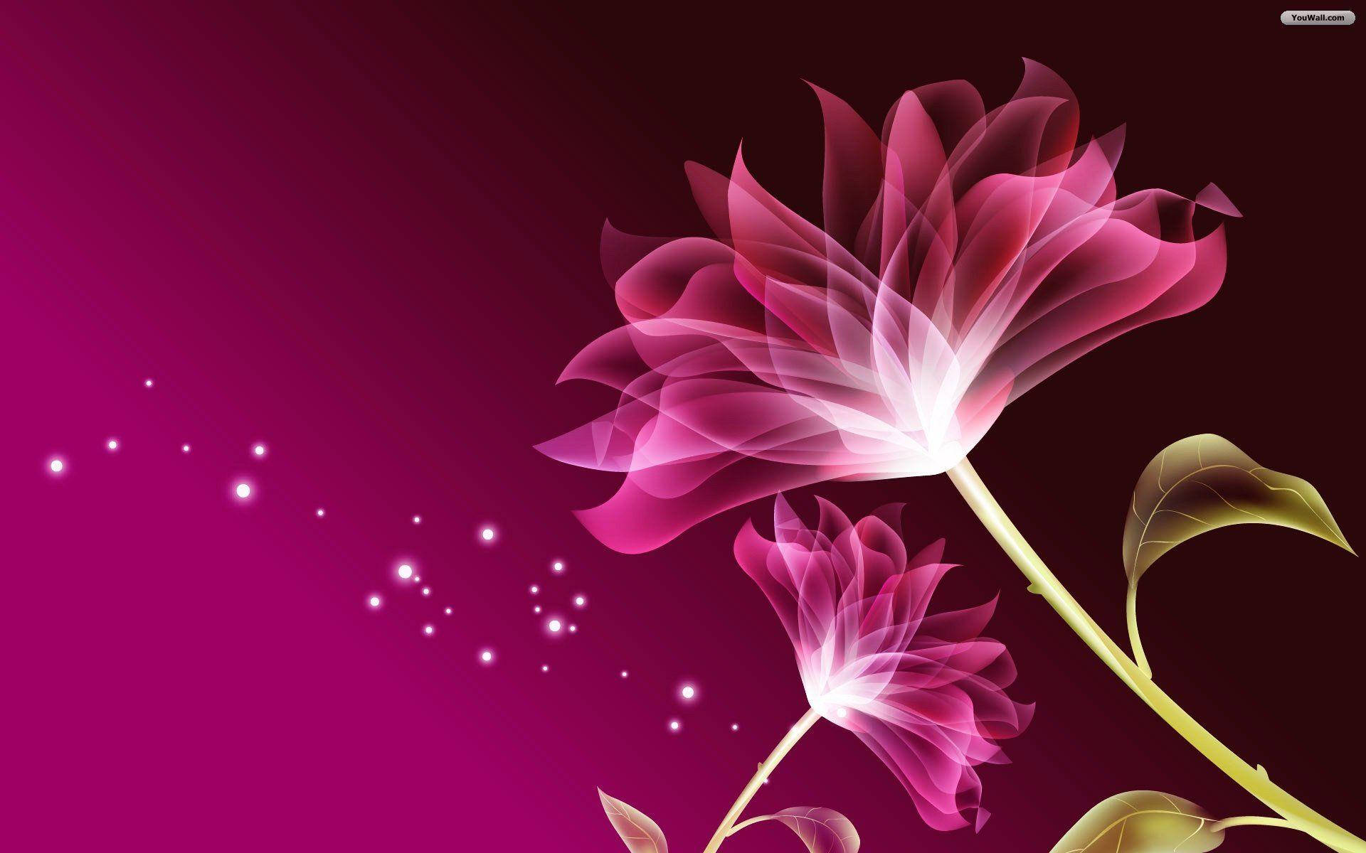 purple flower laptop, glowing translucent pink flowers, golden stems, Full HD Desktop Wallpaper