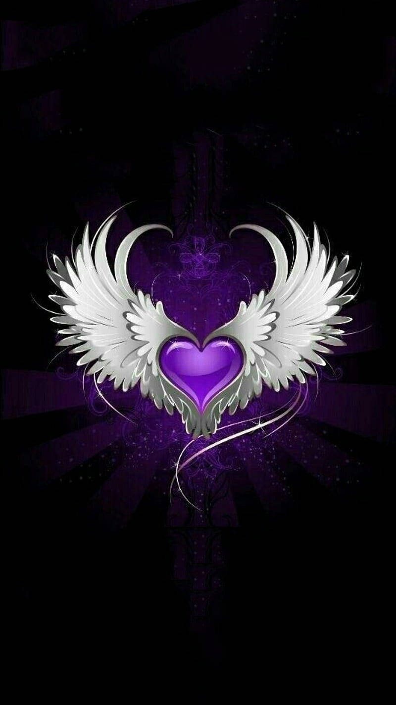 purple heart, silver wings, dark purple cosmic background, HD Phone Wallpaper