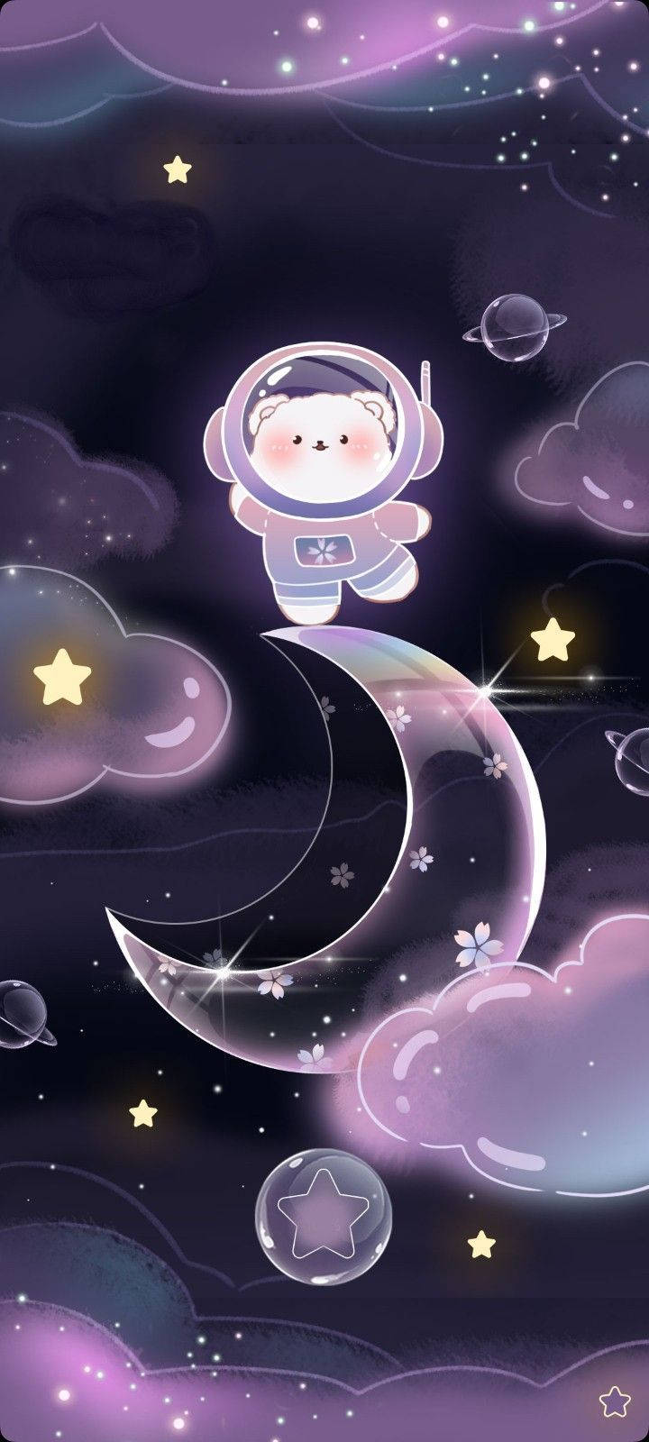 kawaii purple bear astronaut, glowing crescent moon, purple clouds, HD Phone Wallpaper