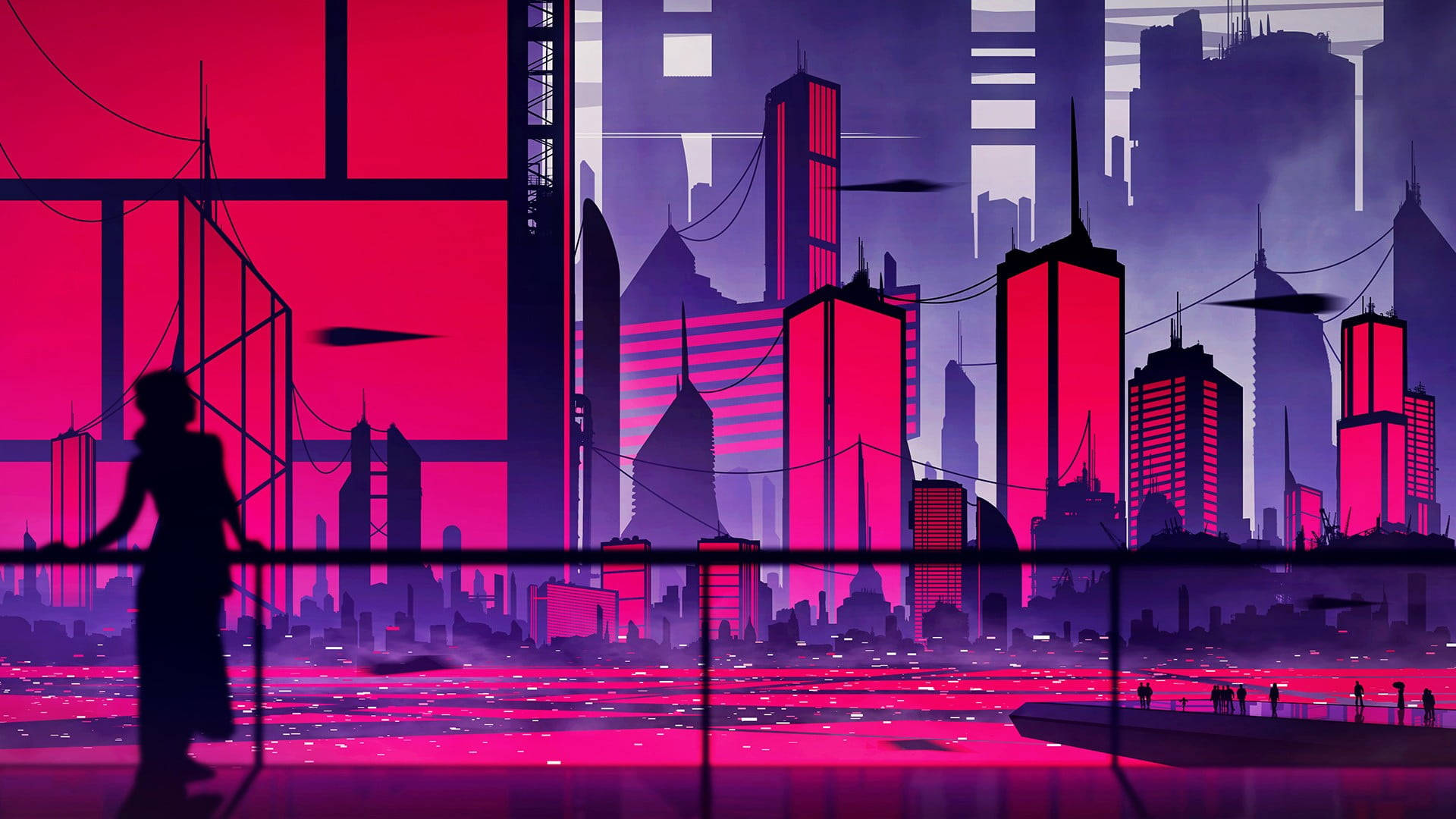 neon cityscape, electric pink, purple hues, Full HD Desktop Wallpaper