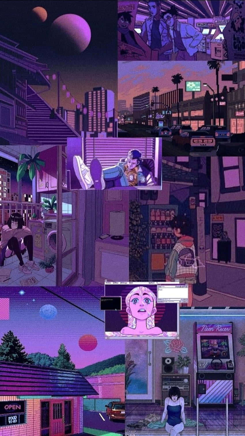 purple, pink neon, anime-inspired urban scenes, HD Phone Wallpaper