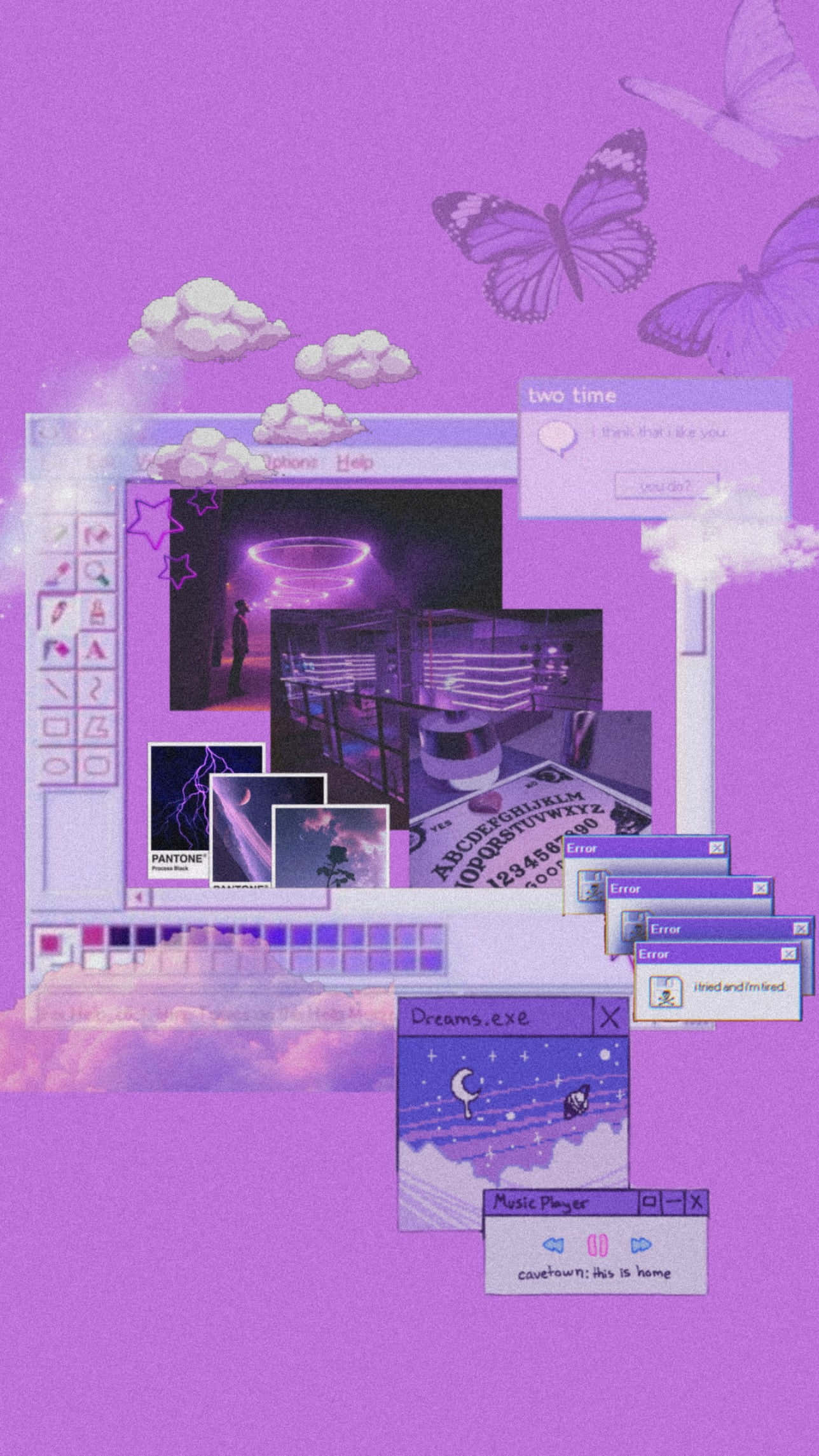 purple aesthetic tumblr, floating butterflies, retro computer windows, Full HD Phone Wallpaper