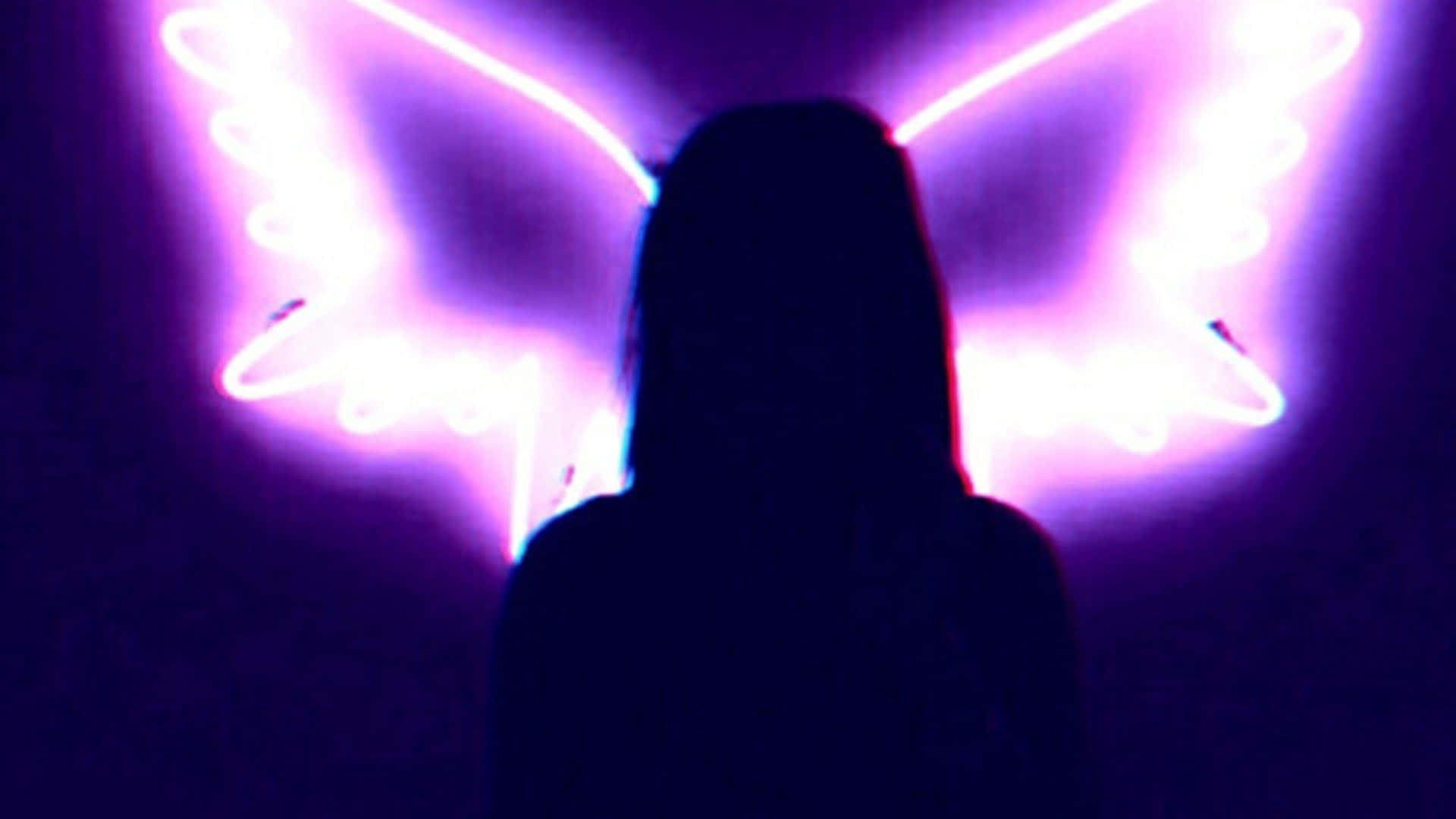 glowing purple neon angel wings, dark background, silhouette of a person, Full HD Desktop Wallpaper
