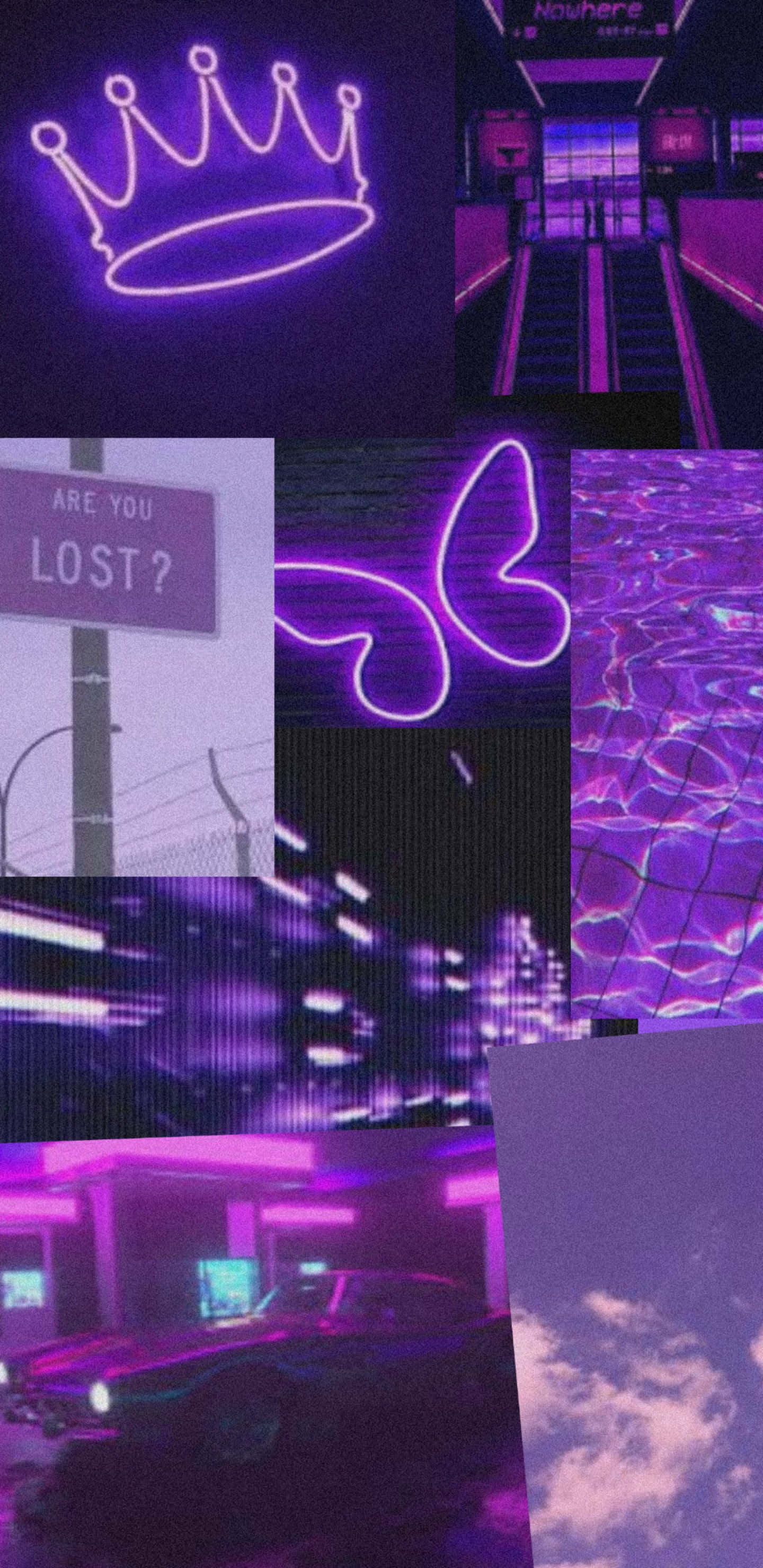 purple aesthetic tumblr, vibrant purple neon, crown butterfly sign, 2K Phone Wallpaper