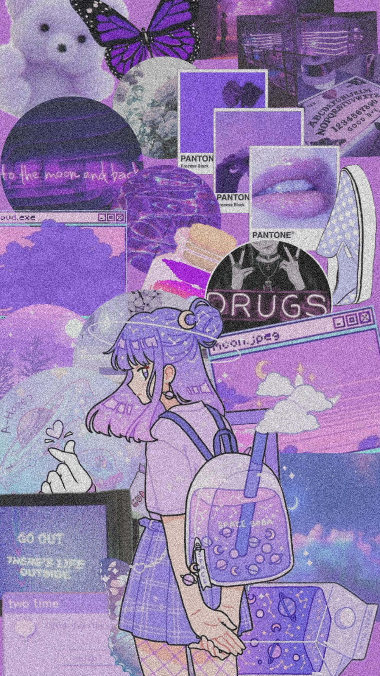 purple-toned anime girl, backpack, collage of pop culture icons, Full HD Phone Wallpaper