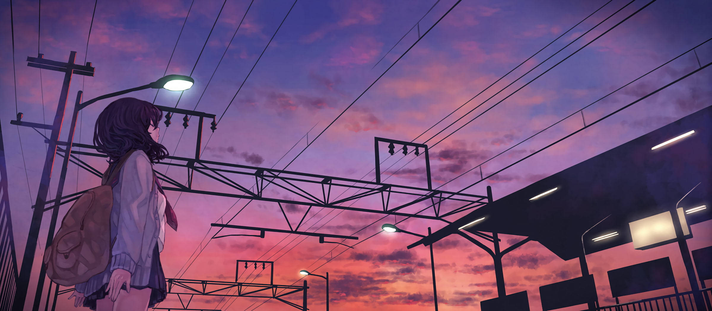 Sky Purple Aesthetic Tumblr, anime girl, backpack, Full HD Desktop Wallpaper