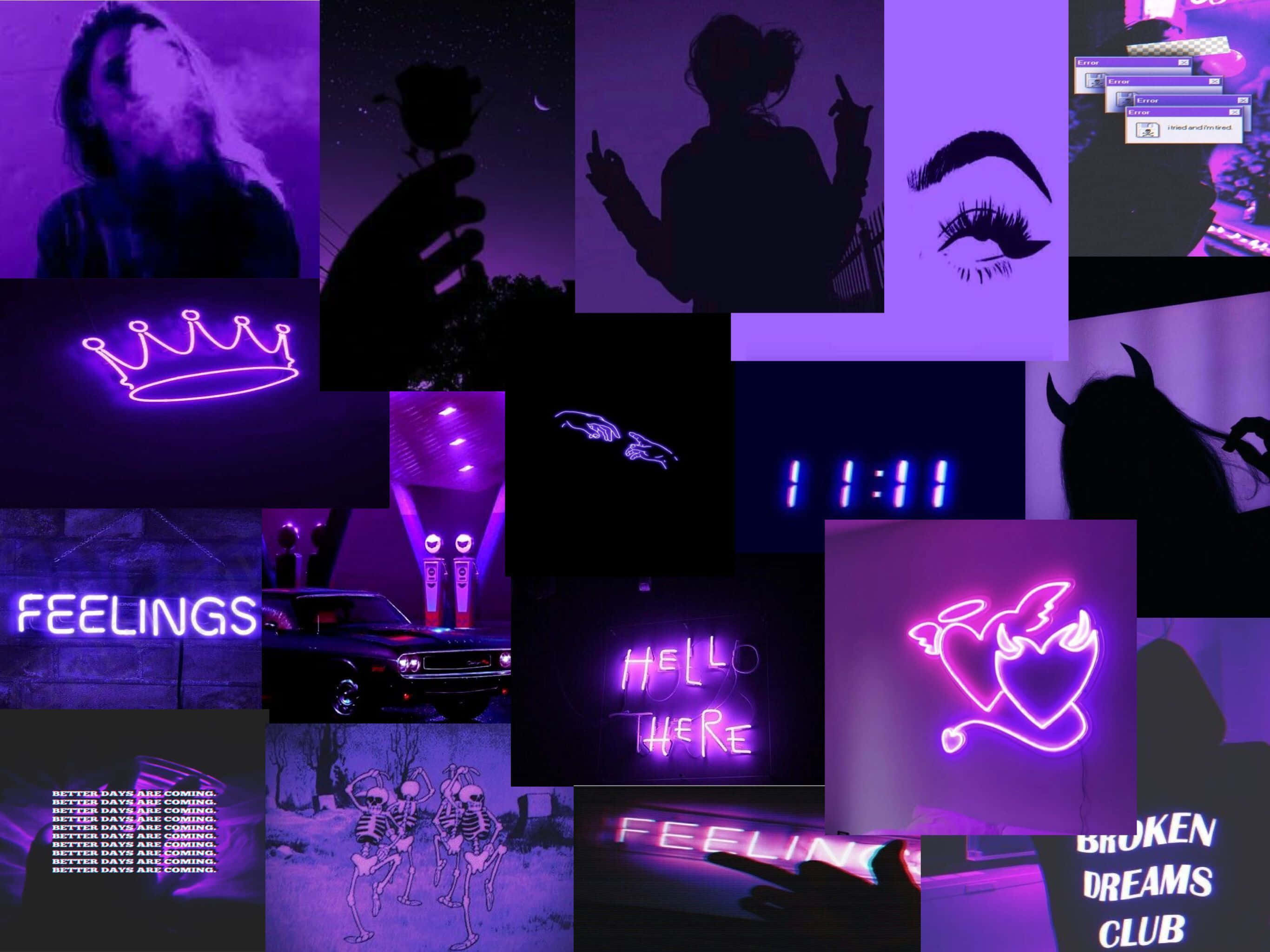 purple neon lights, glowing signs, silhouettes, 2K Desktop Wallpaper