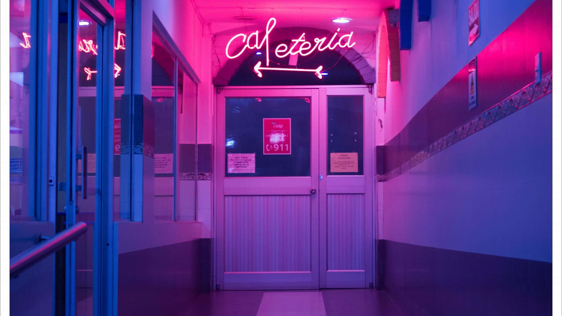 purple Aesthetics Computer, pink and blue neon light, Cafeteria, Full HD Desktop Wallpaper