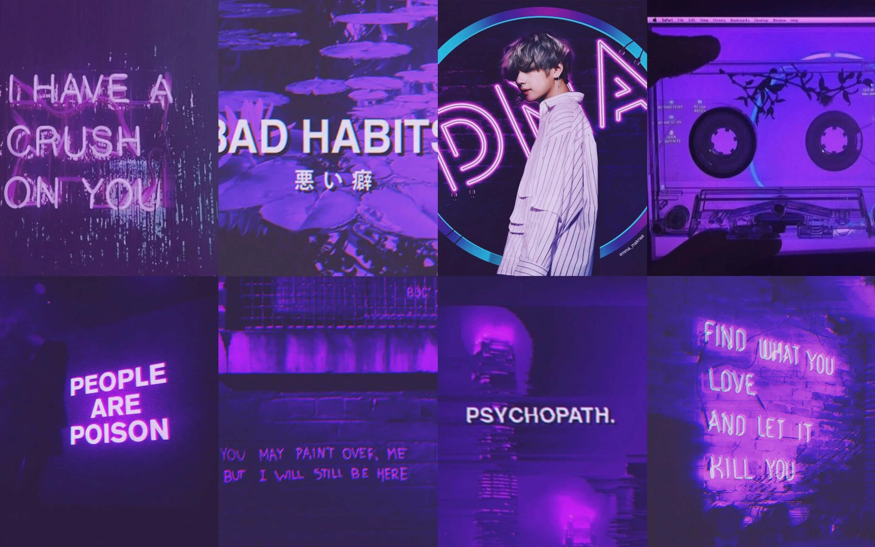 Purple Aesthetics Computer, neon-lit scenes, cassette tape motifs, 2K Desktop Wallpaper