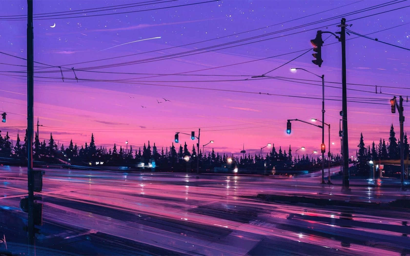 Purple Aesthetics Computer, wet city street, twilight, HD Desktop Wallpaper