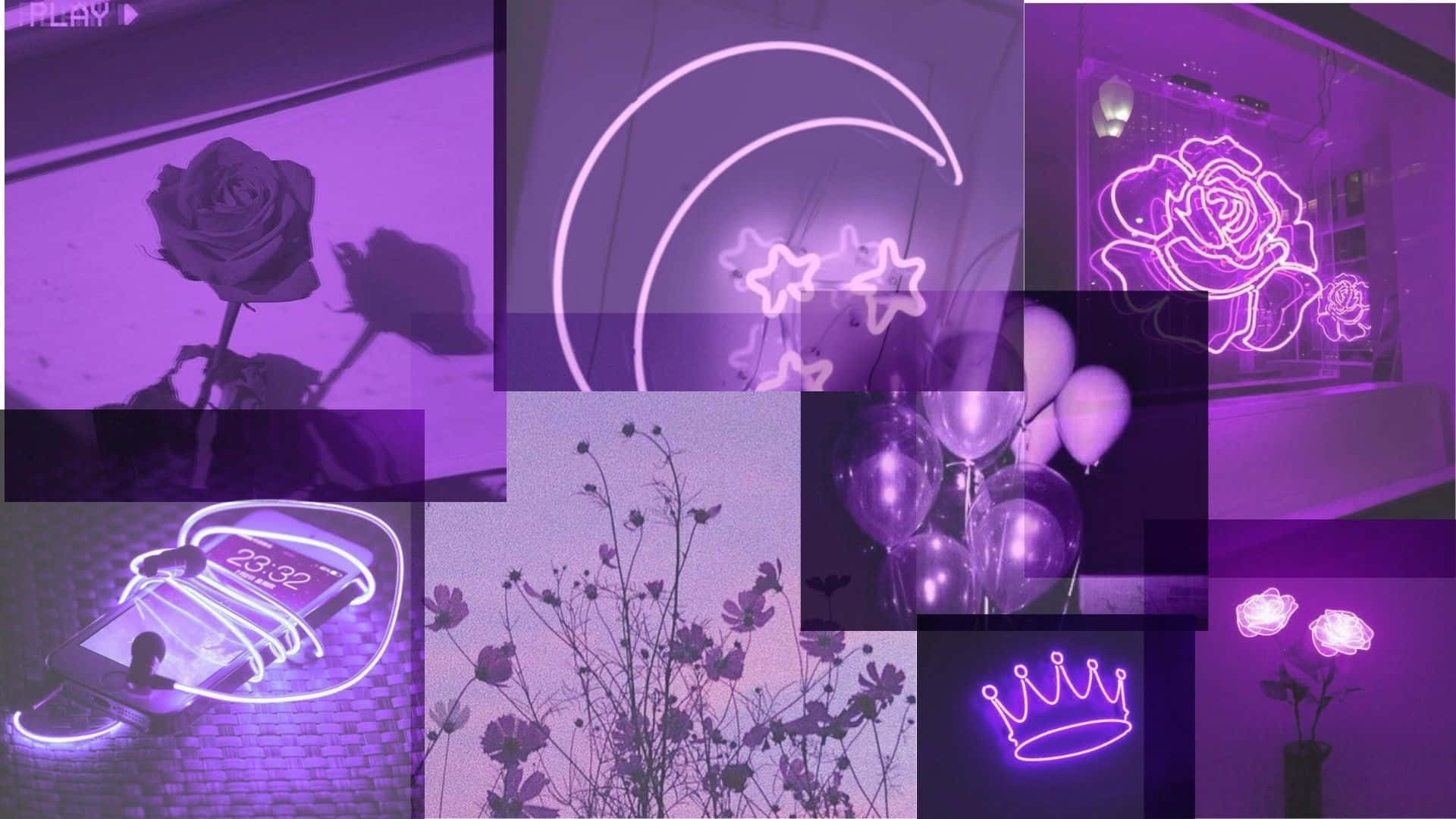 Purple Aesthetics Computer, neon signs, roses, Full HD Desktop Wallpaper