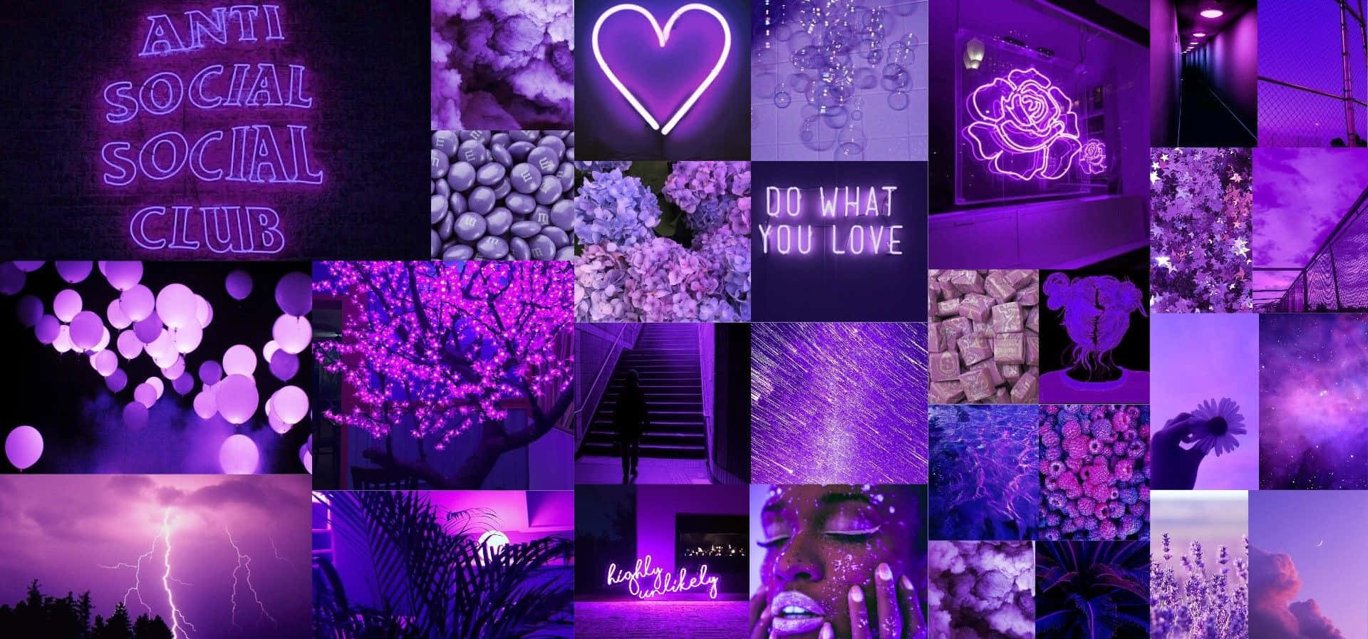 Purple Wall Collage Aesthetics Computer, neon signs, glowing hearts, Full HD Desktop Wallpaper