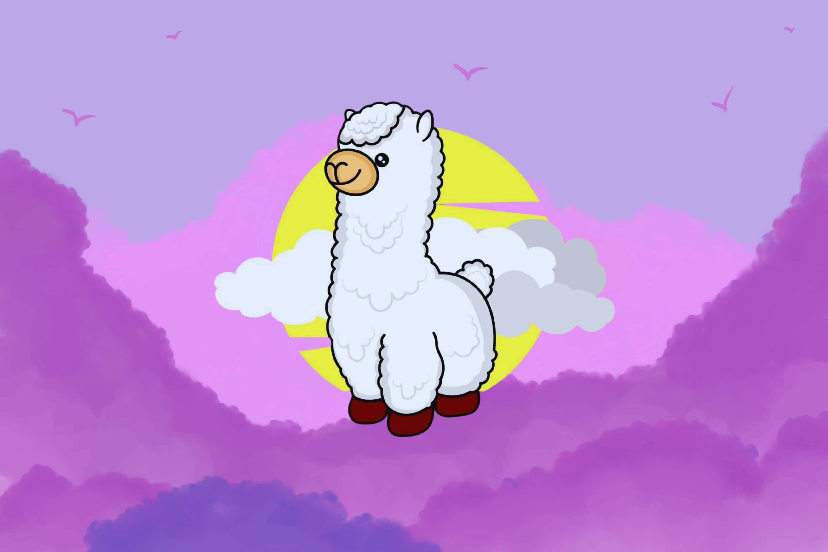 cartoon alpaca, purple clouds, yellow sun, 2K Desktop Wallpaper
