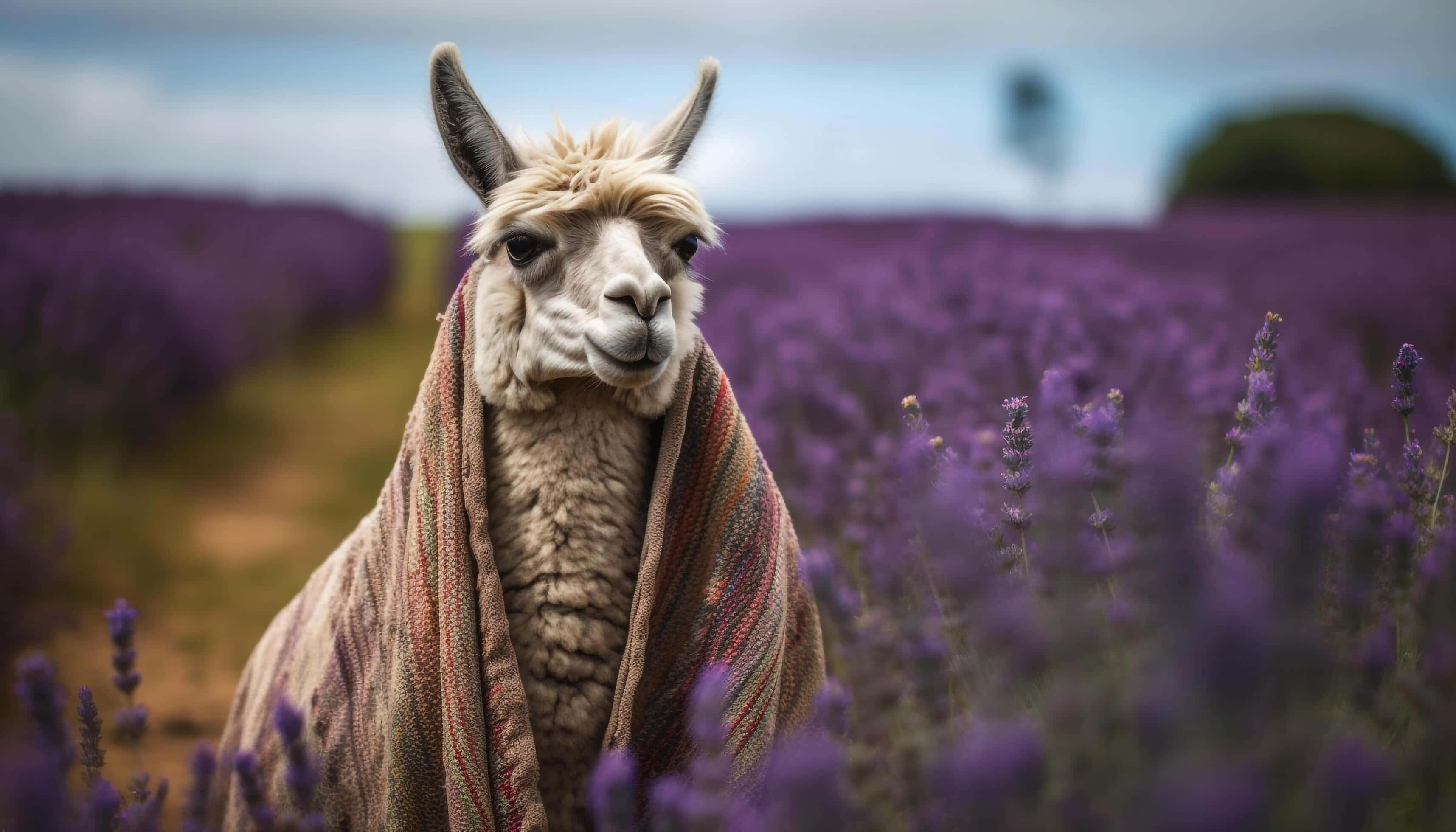 Alpacain, lavender field, striped blanket, 2K Desktop Wallpaper