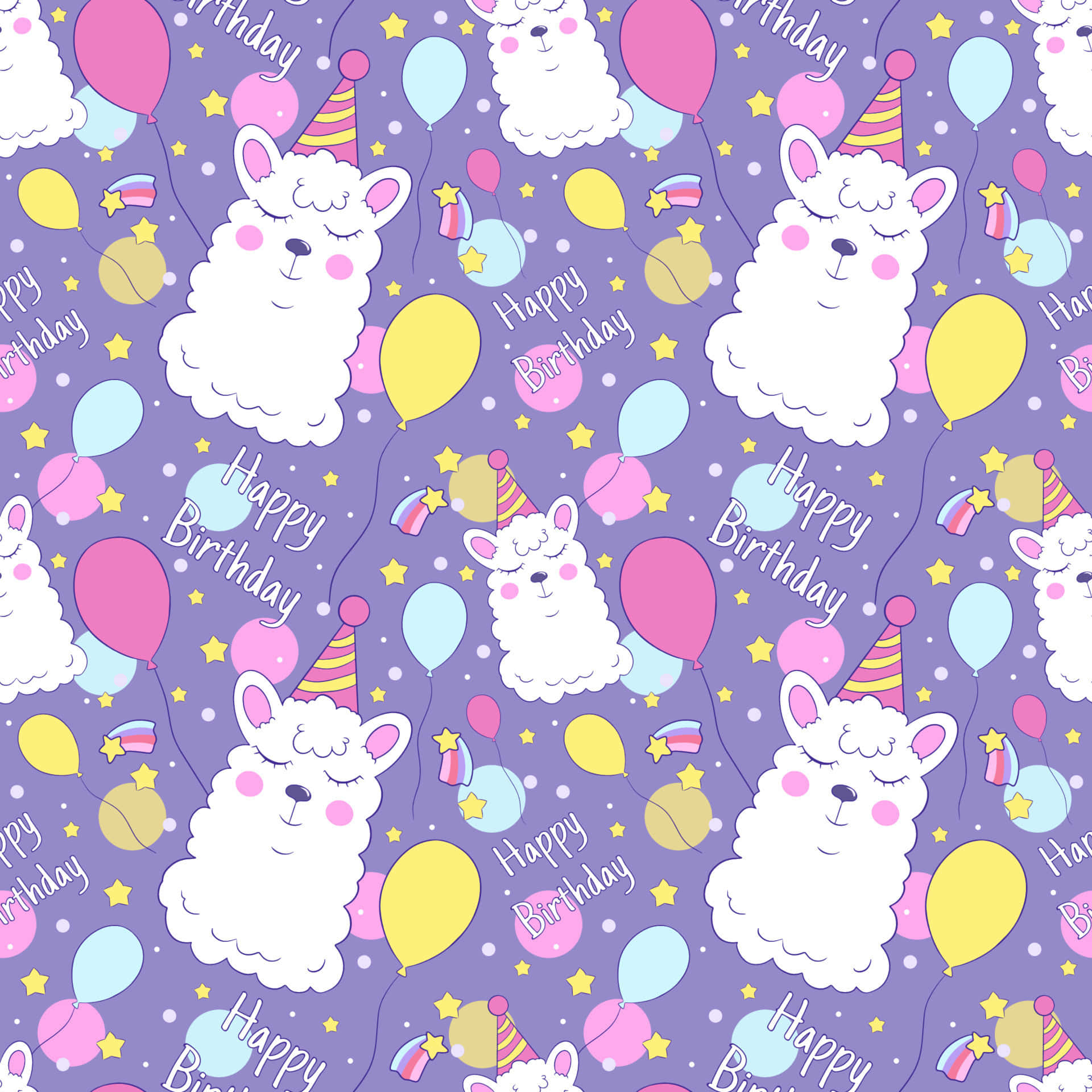 Birthday Alpaca Pattern, white fluffy llamas, party hats, Full HD Desktop Wallpaper