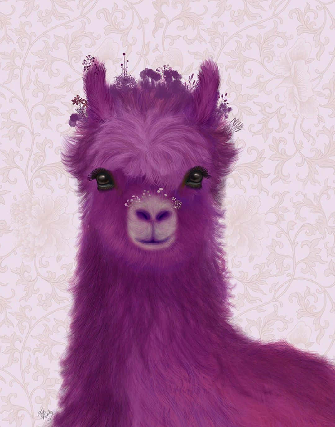 purple alpaca, floral adornments, ornate cream wallpaper background, HD Phone Wallpaper