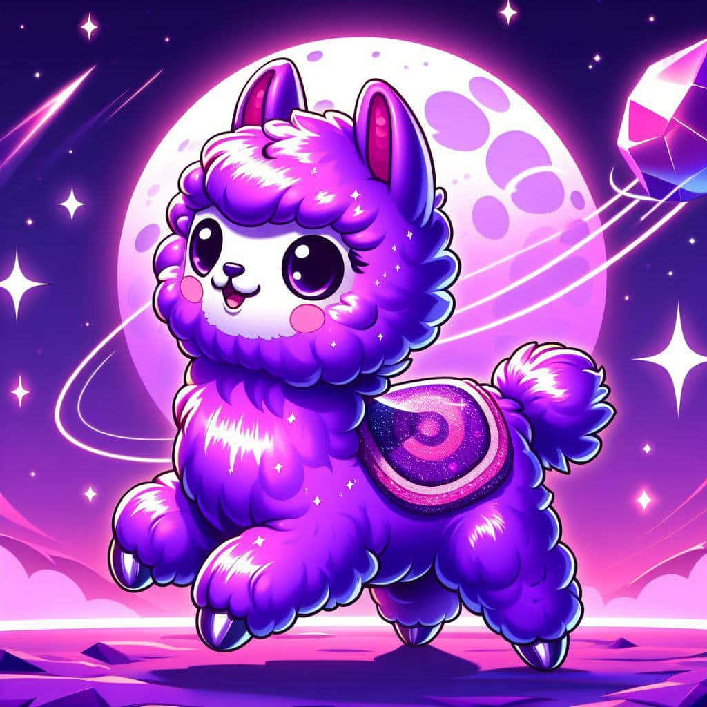 Cosmic Purple Alpaca, fluffy purple cartoon llama, cosmic landscape, SD Desktop Wallpaper