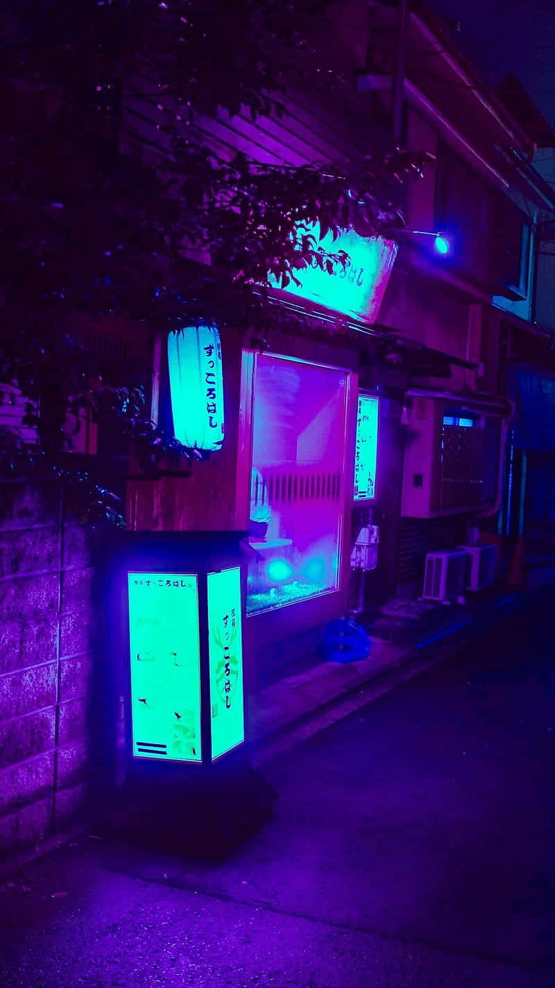 neon-lit alleyway, night, glowing green vending machines, HD Phone Wallpaper