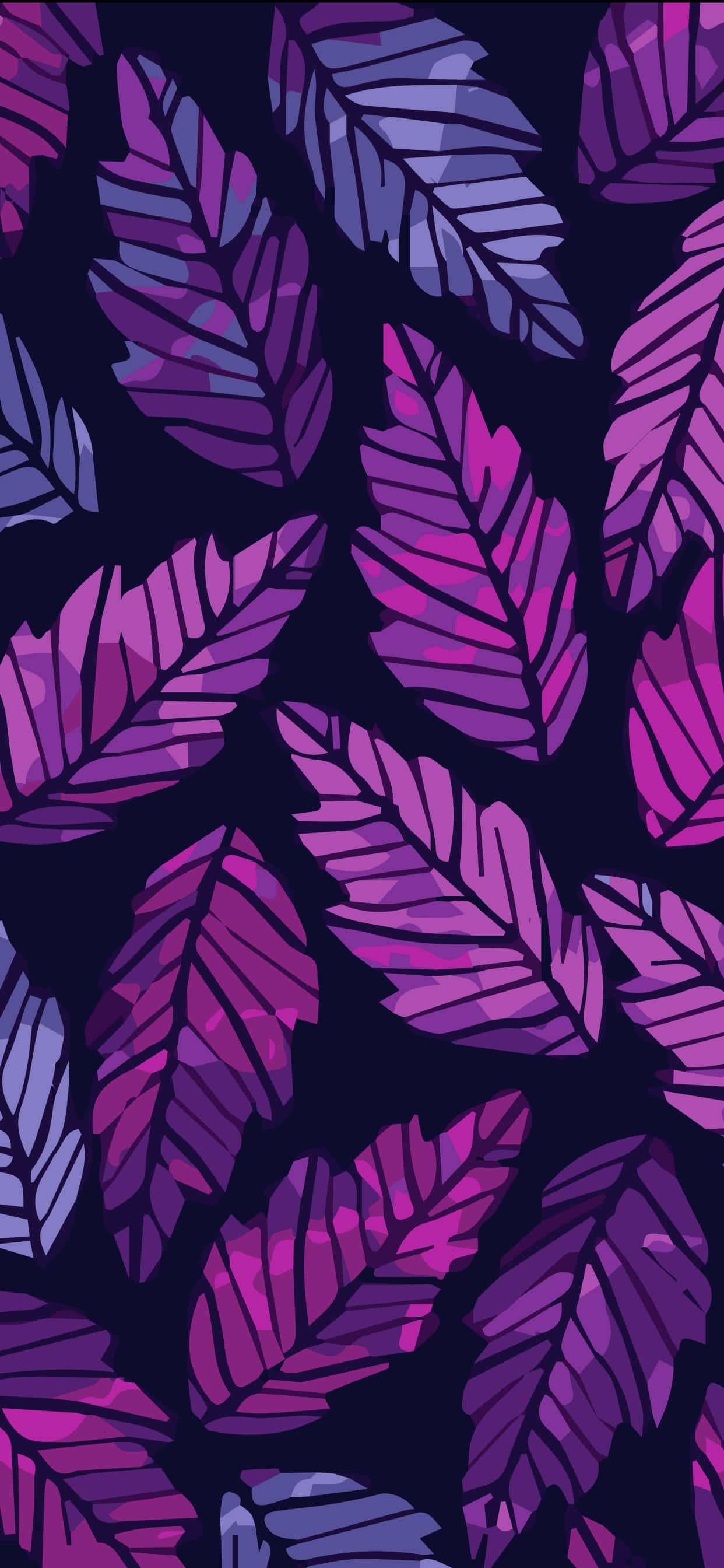 vibrant purple, pink stylized leaves, deep navy background, 2K Phone Wallpaper