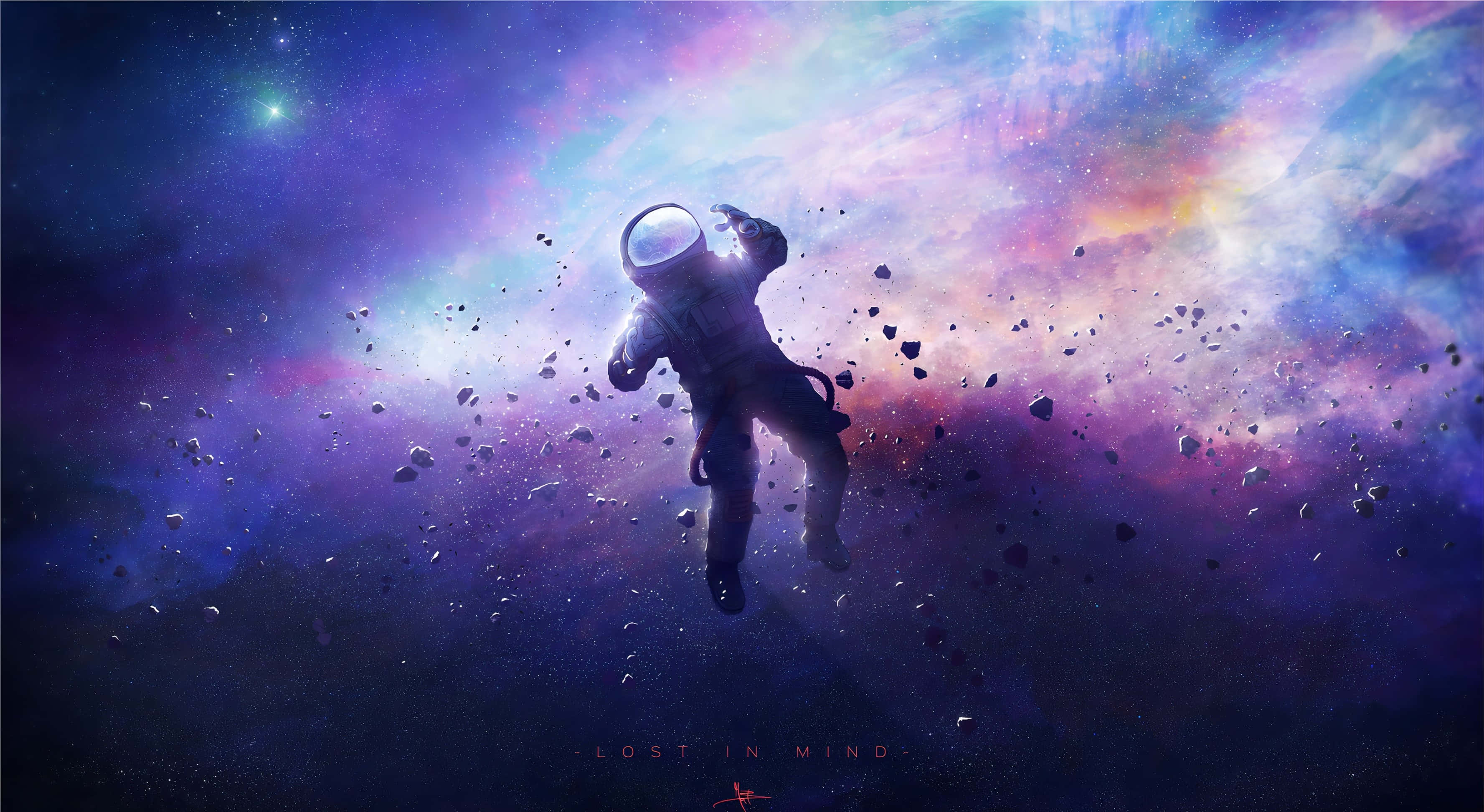 astronaut, floating rocks, cosmic nebula, 2K Desktop Wallpaper