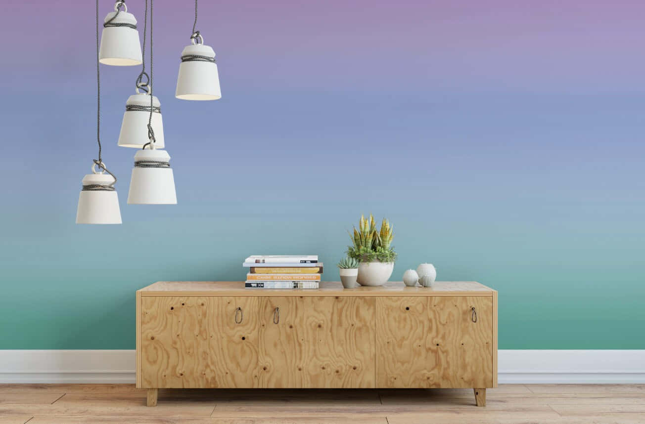 purple and blue ombre, wooden sideboard, books, HD Desktop Wallpaper