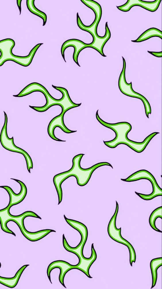 purple green abstract pattern, stylized green flame shapes, black outlines, SD Phone Wallpaper