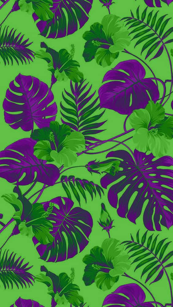 tropical purple green pattern, monstera, hibiscus, SD Phone Wallpaper