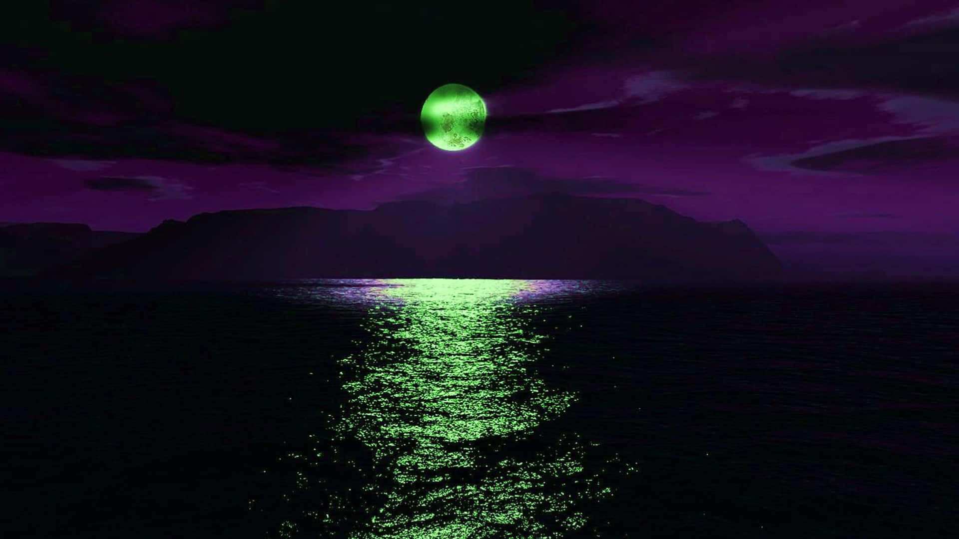 green moon, deep purple sky, shimmering reflection, Full HD Desktop Wallpaper