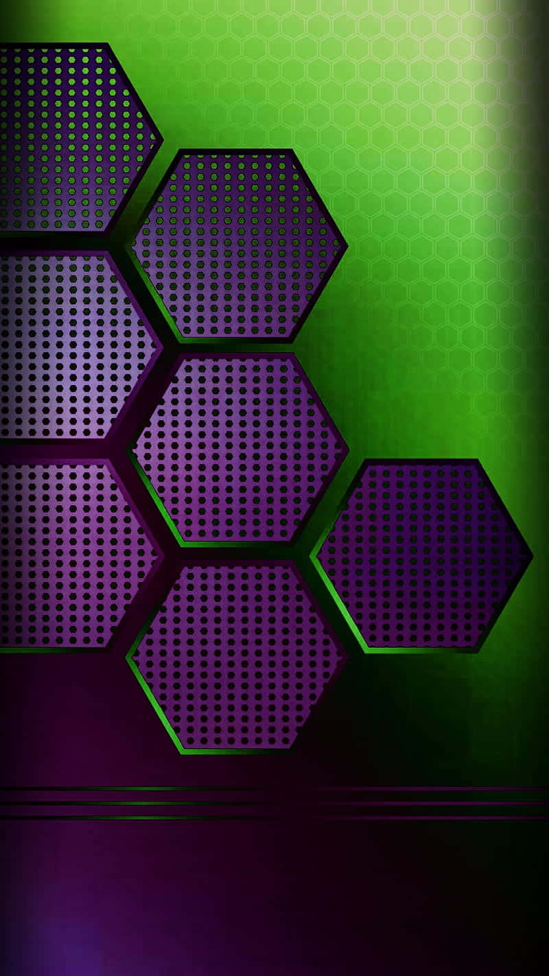 Purple Green Hexagonal Abstract, vibrant green gradient background, bold purple hexagonal panels, HD Phone Wallpaper