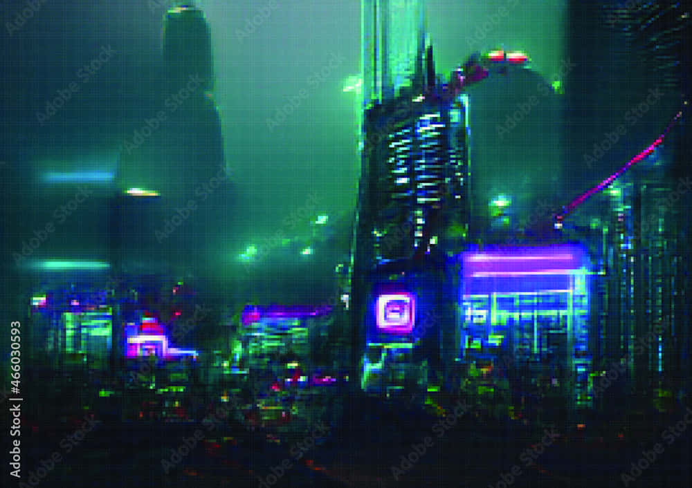 neon-drenched cyberpunk cityscape, towering skyscrapers, electric green, SD Desktop Wallpaper