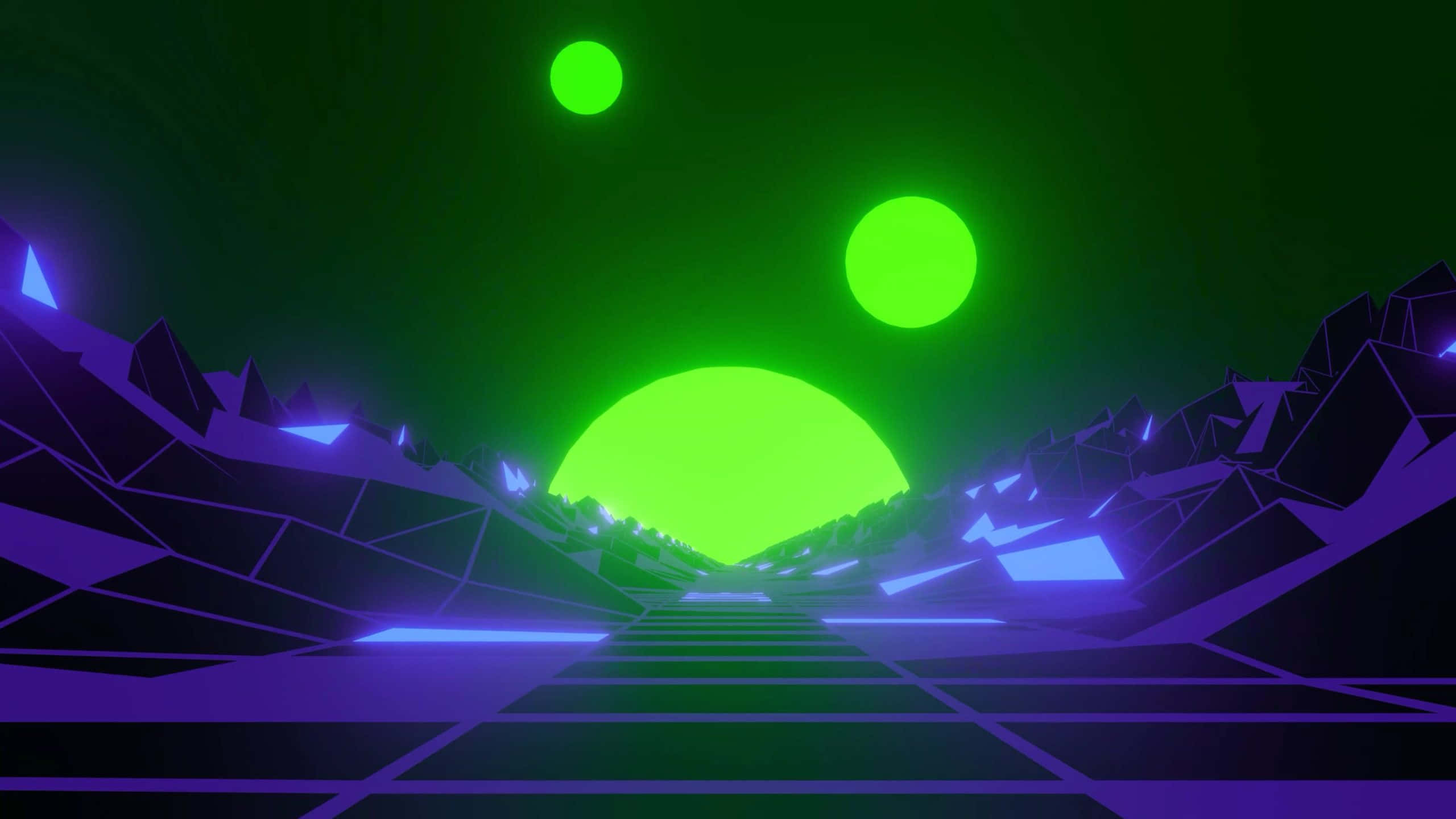 neon green, purple canyon, glowing grid paths, 2K Desktop Wallpaper